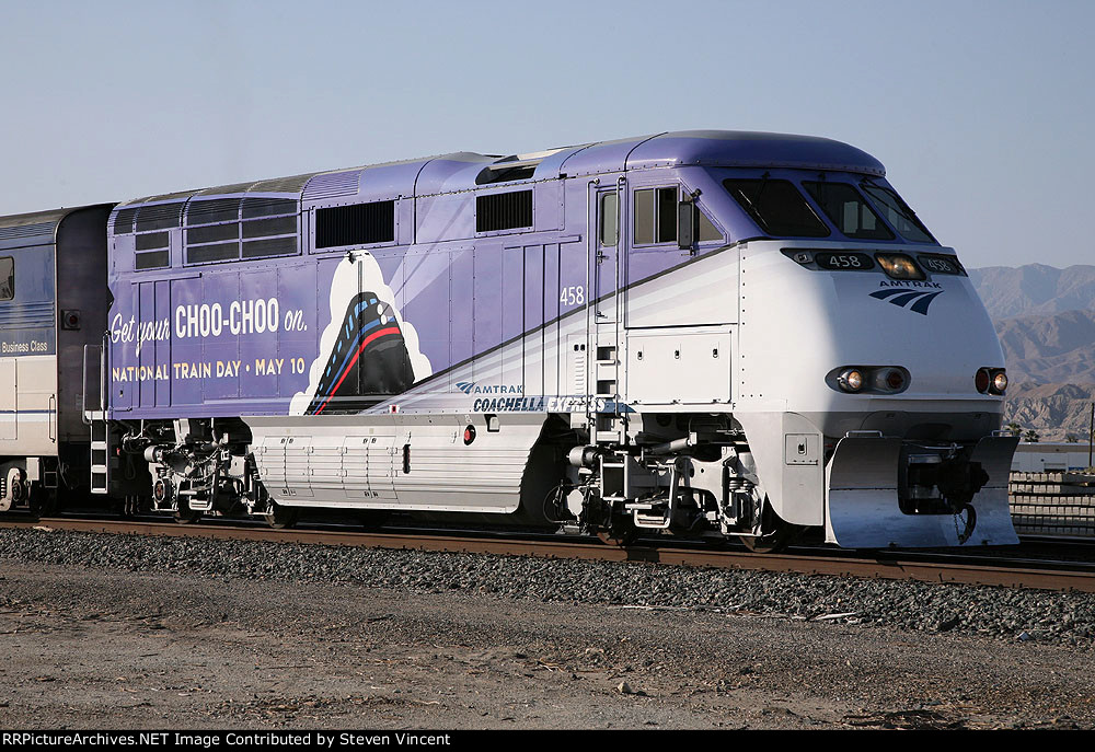 Promotional wrapped F59PHI AMTK #458 on front (EB) of special Coachella Express.